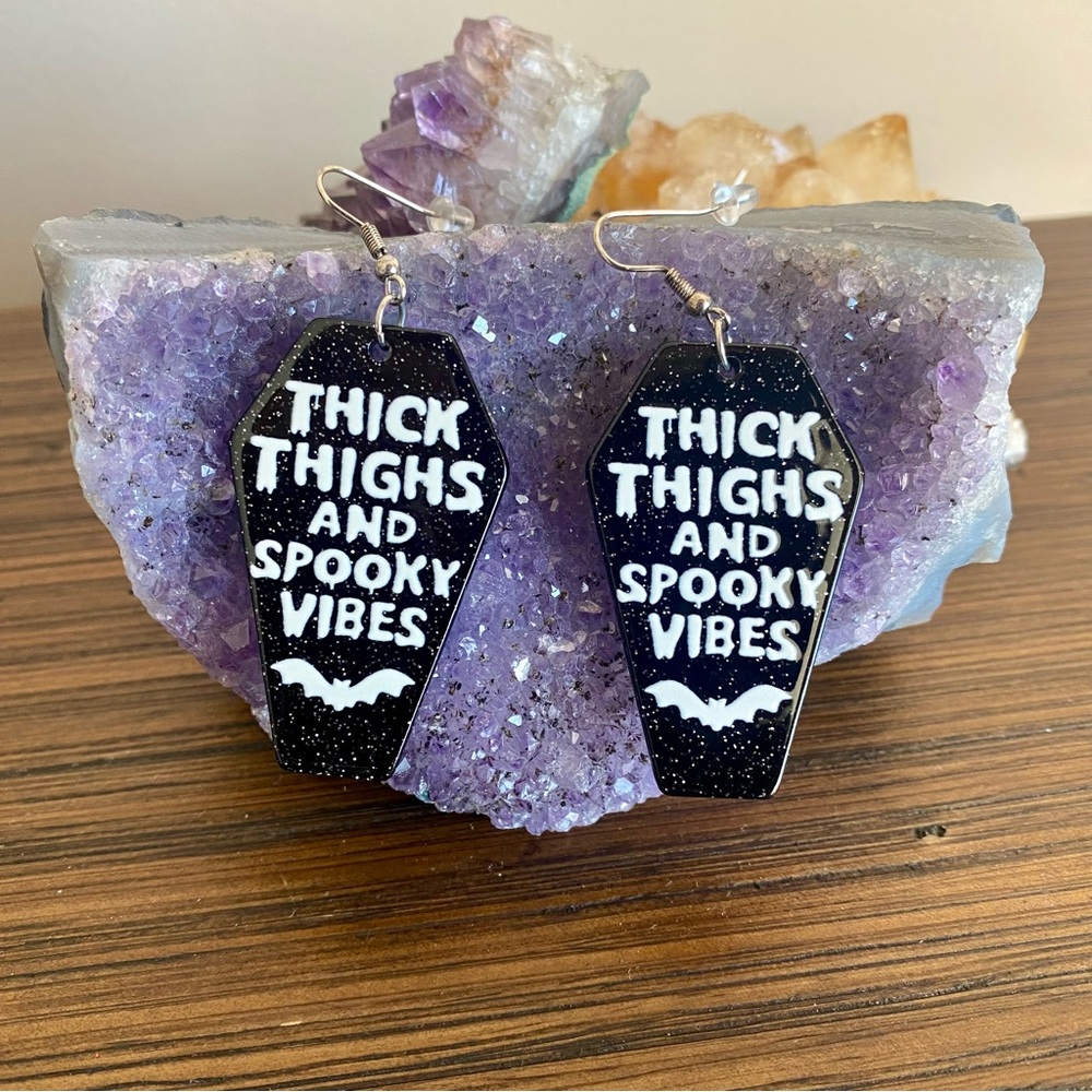 3 for $19 NEW Thick Thighs And Spooky Vibes Coffin Earrings Black and Sparkly 🦇